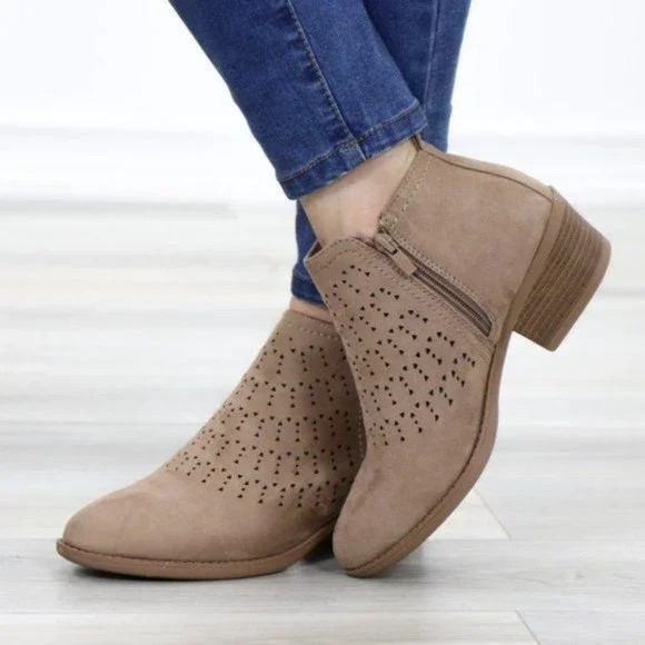 Boho Ankle Boots Taupe Suede Booties Low Heel Laser Cut Design With Zipper - Picture 9 of 11
